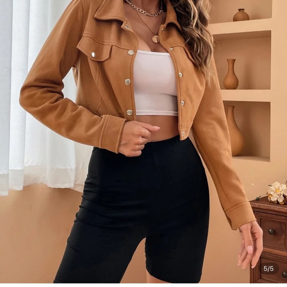 SHEIN Tan Cropped Jean Jacket
